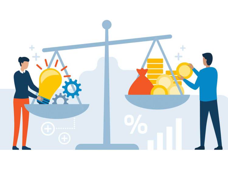Infographic of a balancing scale, one side holding coins and a sack, other side holding gears and a light bulb