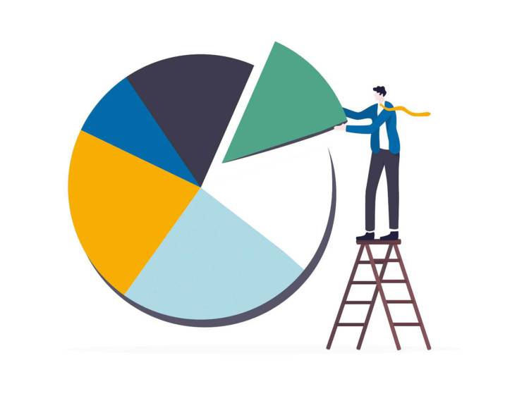 Infographic of a man standing on a ladder holding one piece of a pie chart