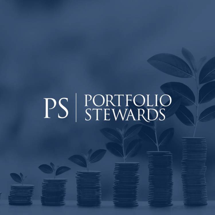 7 stacks of coins from a small pile growing into a large pile with the Portfolio Stewards logo overlaid on top