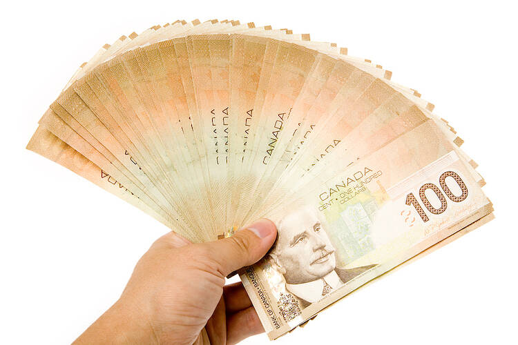 Person holding several Canadian 100 dollar bills and fanning them out