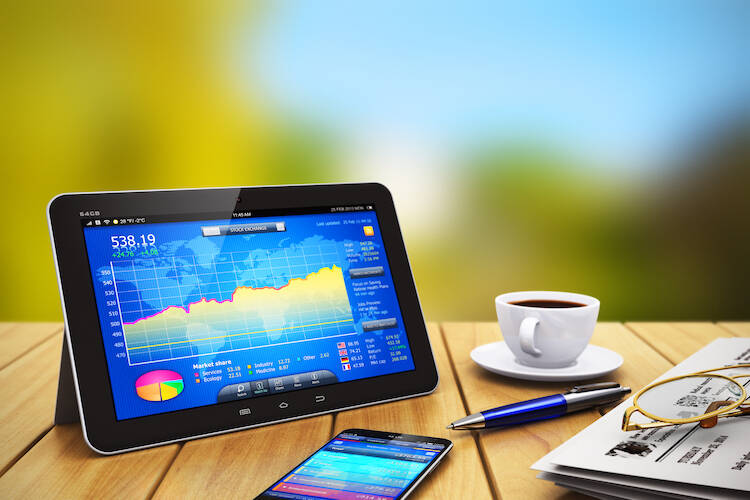 Tablet with stock market graph sitting on a table with a tea cup and cell phone