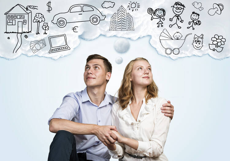 Young couple sitting and thinking about their fiscal fitness